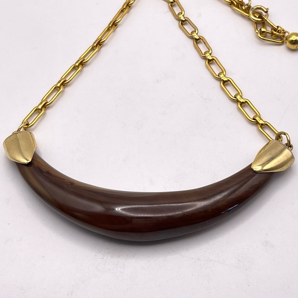 Vintage Signed Celebrity NY Brown Lucite Horn Bib Necklace Gold Tone Accents - Picture 8 of 14
